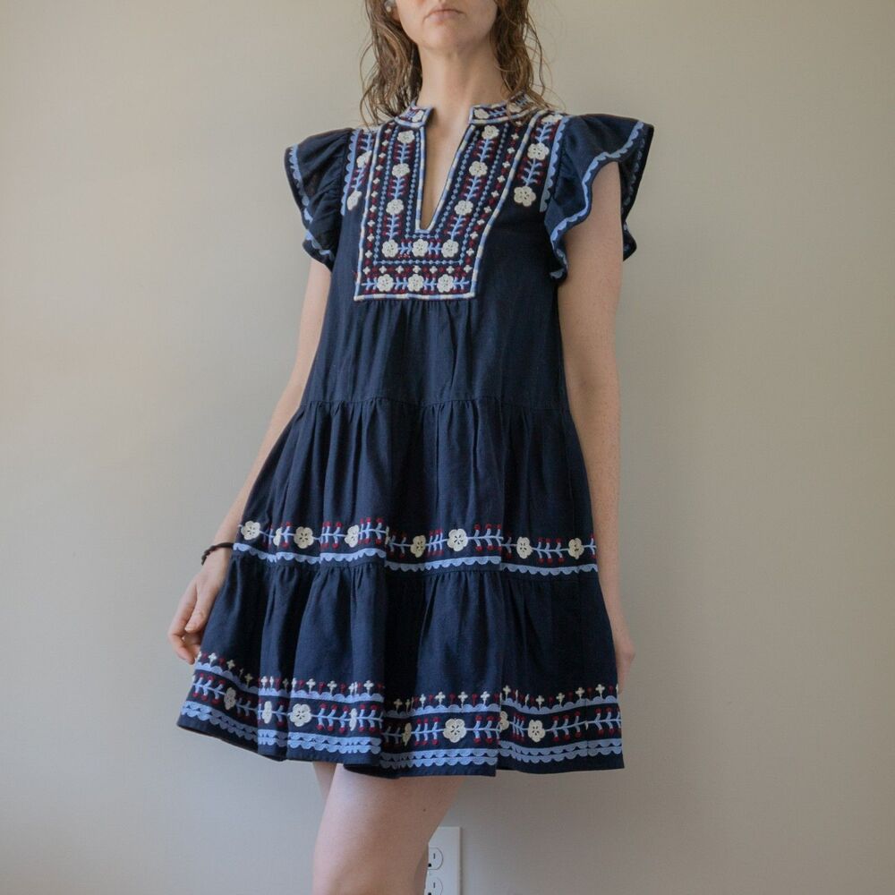 Navy Blue SEA Embroidered Ruffle Summer Shaina Flutter Fourth of July Mini Dress - Picture 5 of 10